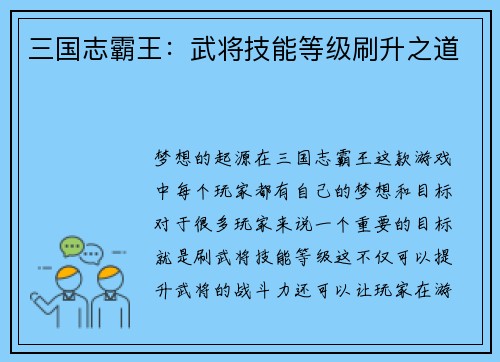 三国志霸王：武将技能等级刷升之道